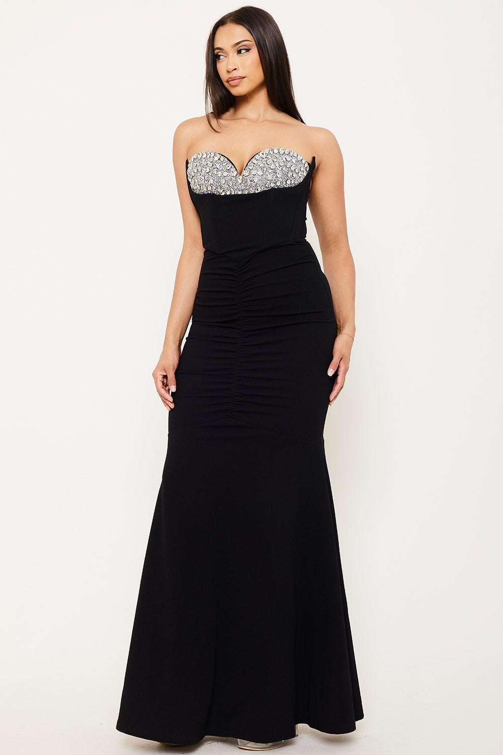 rhinestone encrusted bust strapless mermaid maxi dress