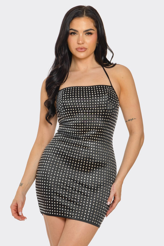 studded halter mini dress