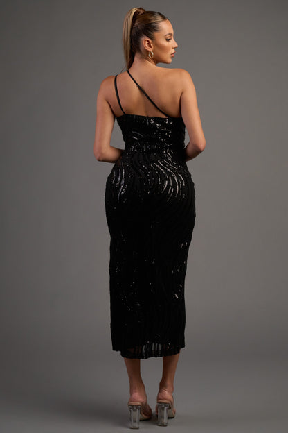 sequin one shoulder cut out midi dress