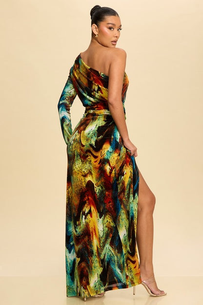 print one shoulder maxi dress