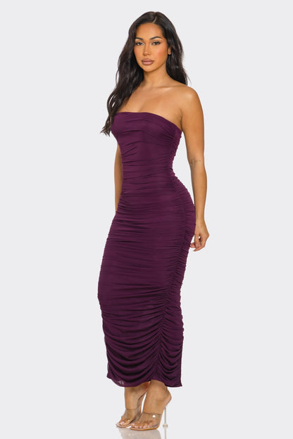 lace up back strapless ruched mesh midi dress