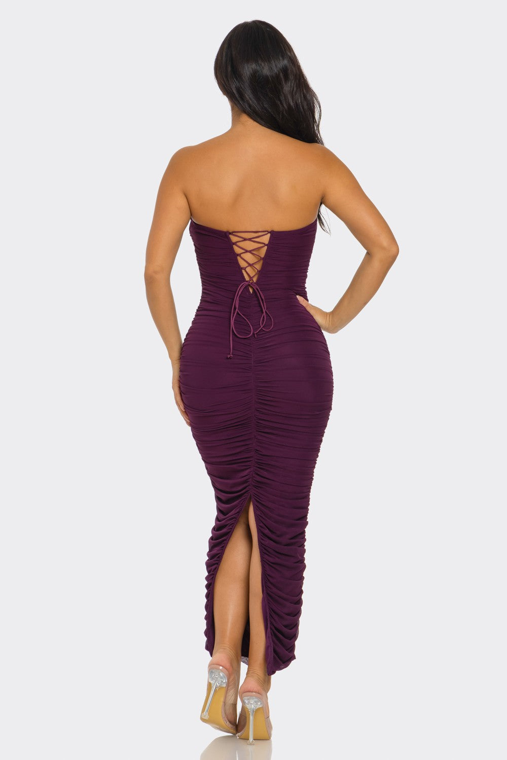 lace up back strapless ruched mesh midi dress