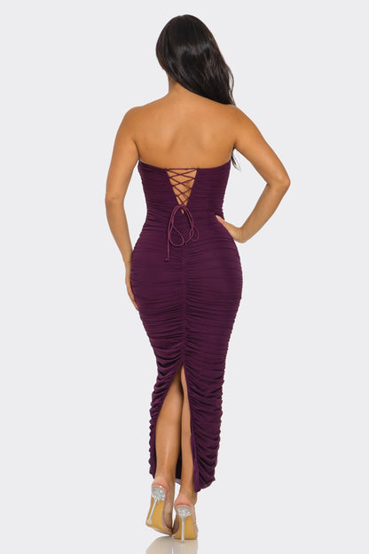 lace up back strapless ruched mesh midi dress