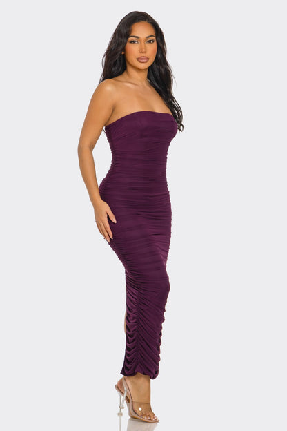 lace up back strapless ruched mesh midi dress