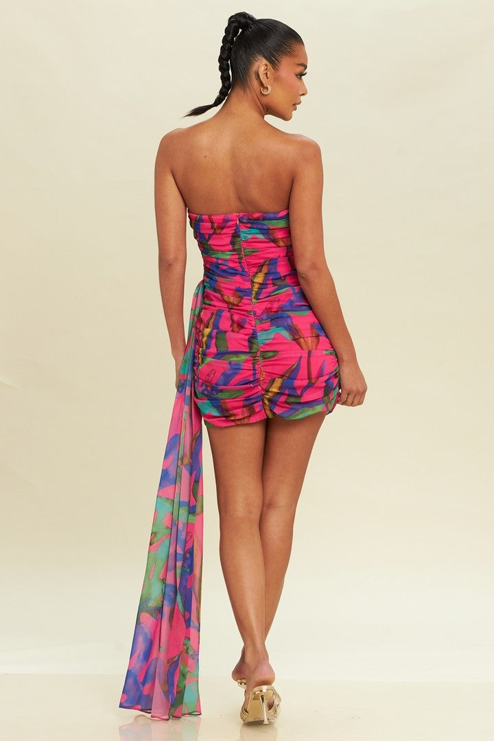 strapless print sash dress