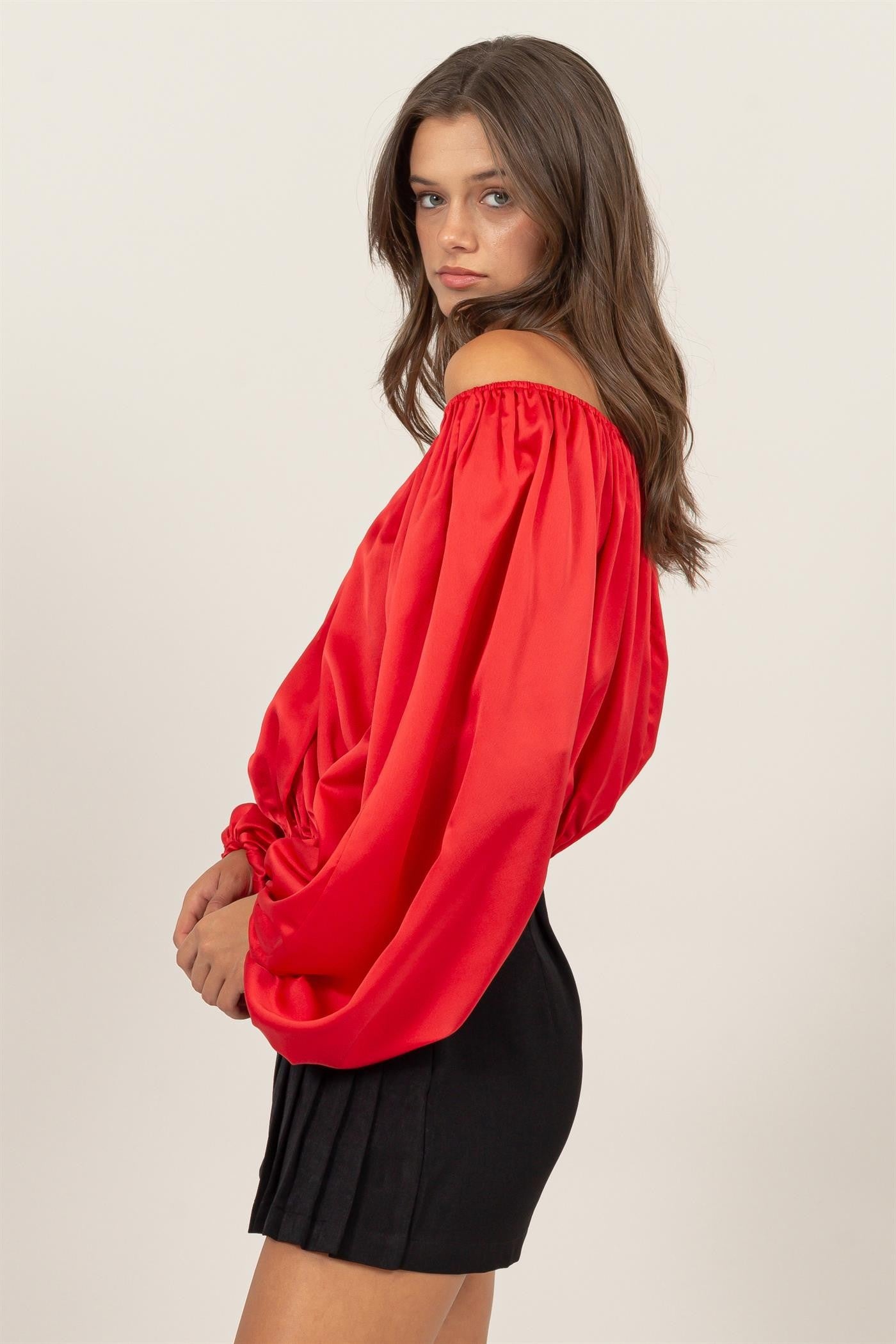 satin off the shoulder balloon sleeve top