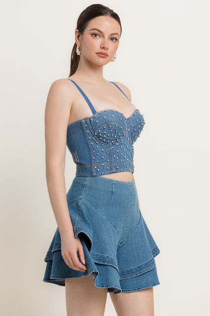 rhinestone studded denim bustier top