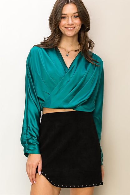 satin double v dolman crop top