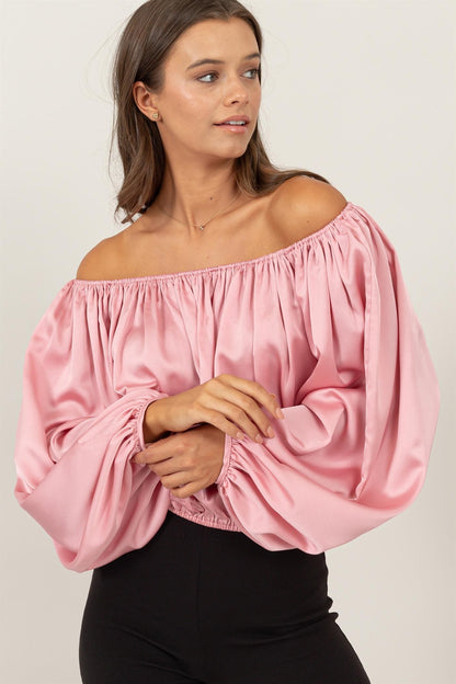 satin off the shoulder balloon sleeve top