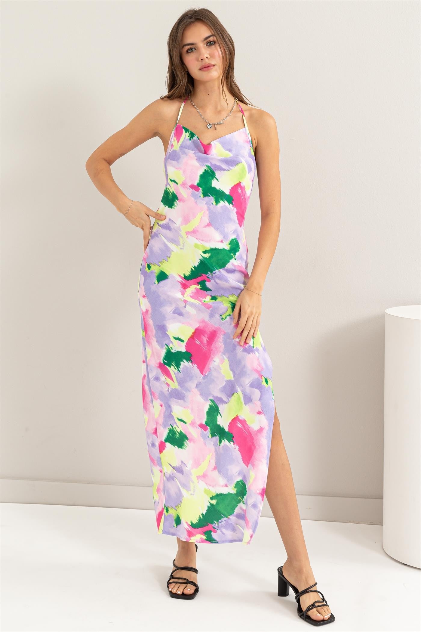 watercolor print sleeveless backless maxi dress