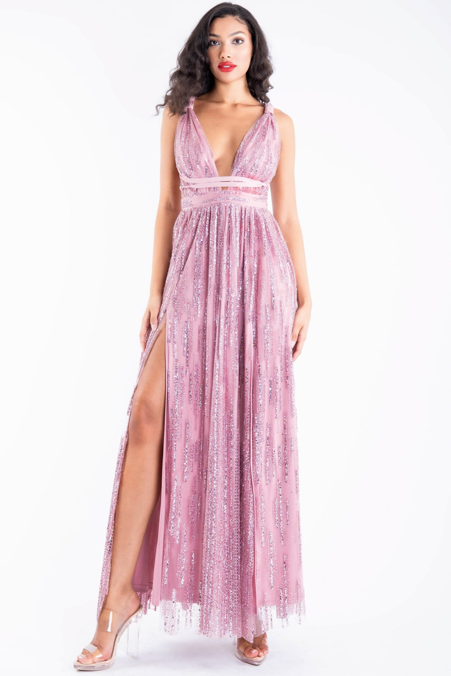 deep v neck glitter & sequin maxi dress