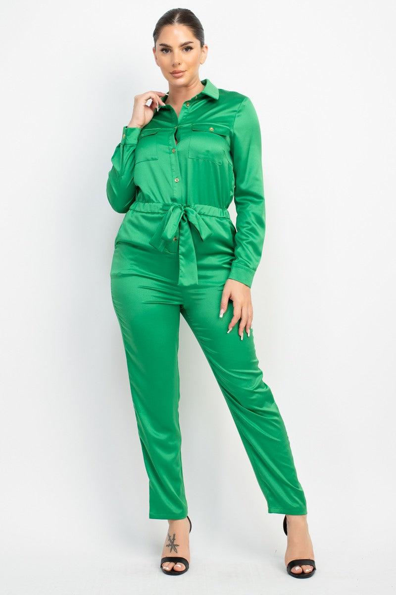 satin long sleeve button down jumpsuit - RK Collections Boutique