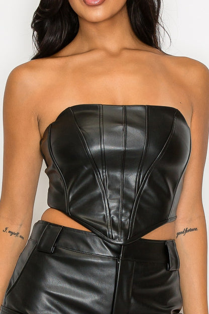 faux leather strapless crop corset top