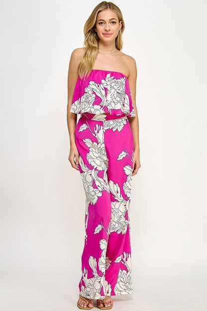 2pc set- floral strapless crop top & wide leg pants - RK Collections Boutique