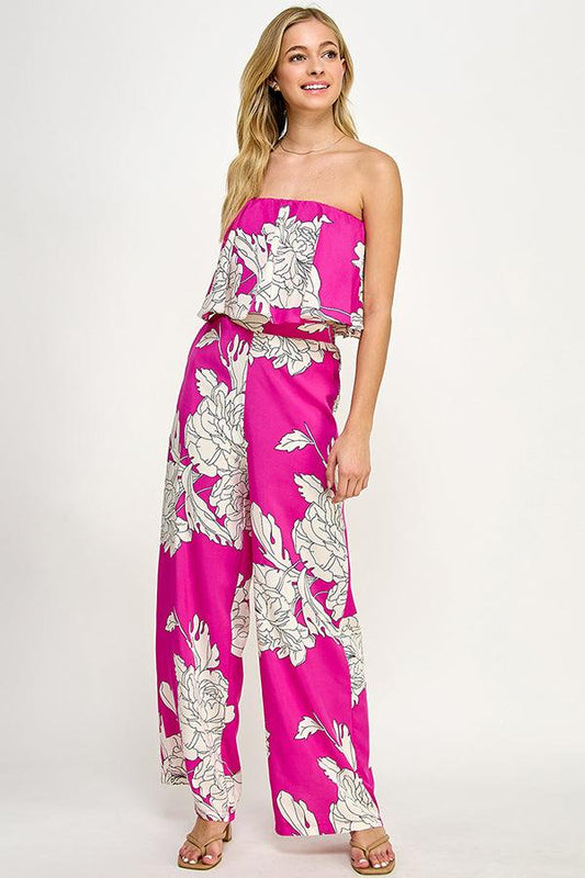 2pc set- floral strapless crop top & wide leg pants - RK Collections Boutique