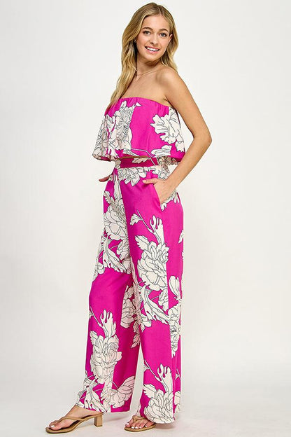 2pc set- floral strapless crop top & wide leg pants - RK Collections Boutique