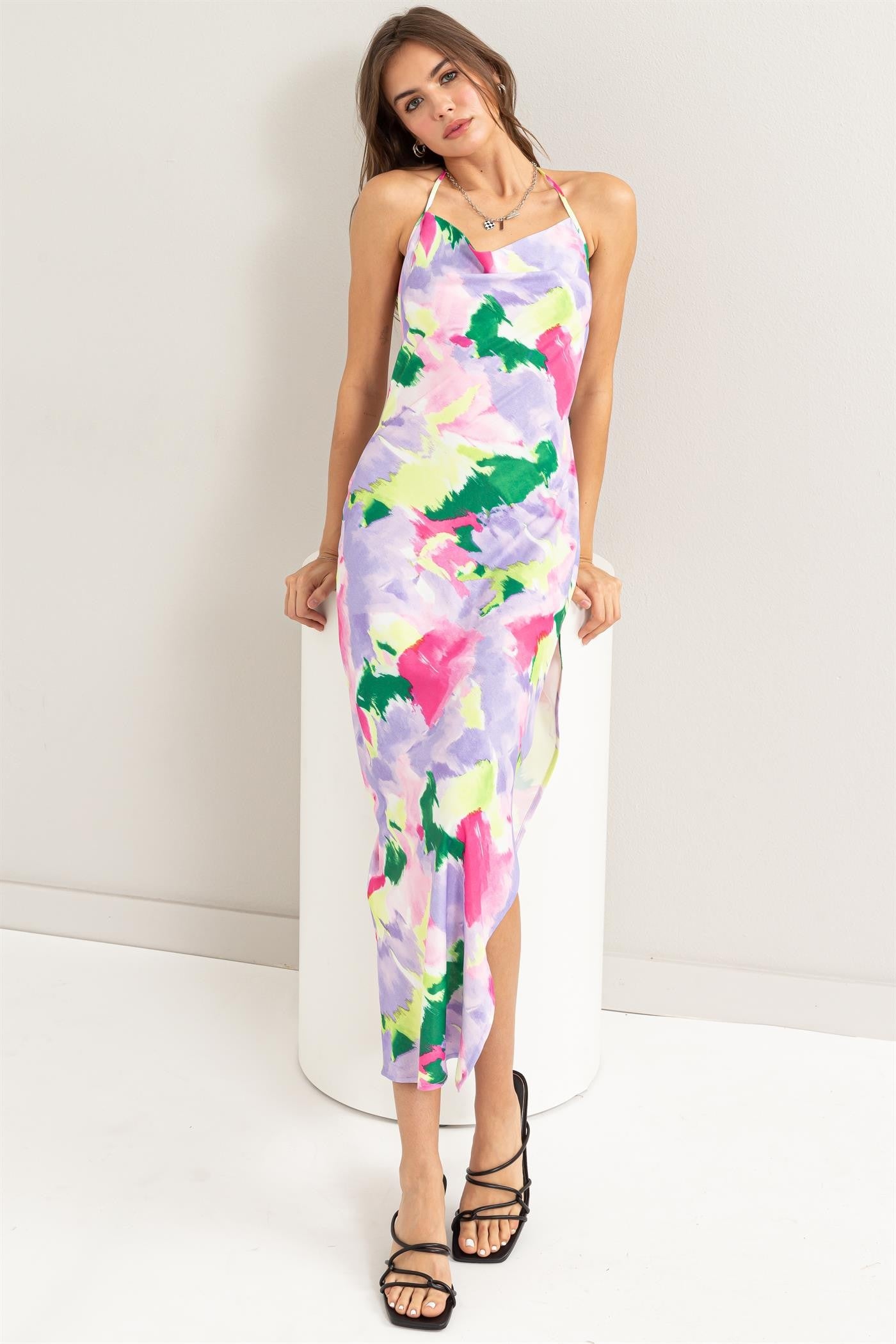 watercolor print sleeveless backless maxi dress