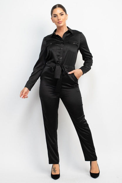 satin long sleeve button down jumpsuit - RK Collections Boutique