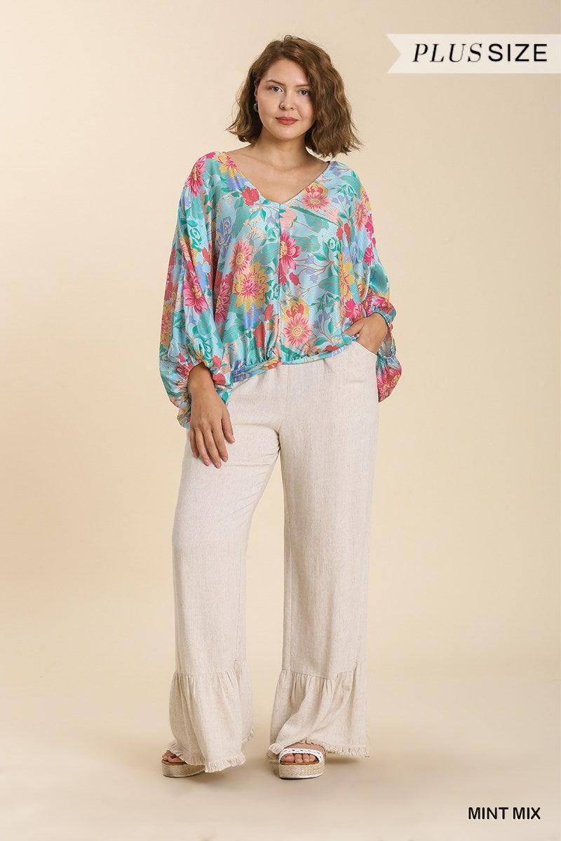 PLUS Floral Print Long Puff Sleeve V-Neck Top - RK Collections Boutique