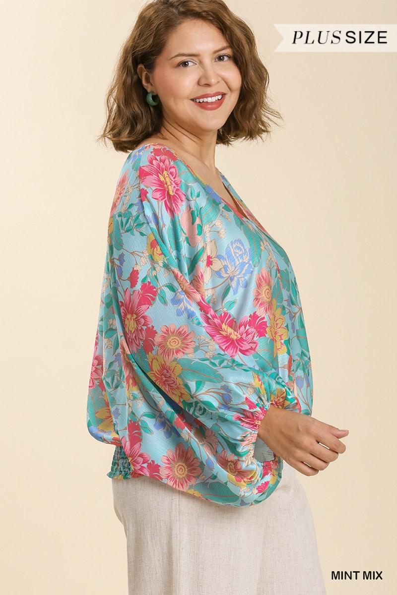 PLUS Floral Print Long Puff Sleeve V-Neck Top - RK Collections Boutique