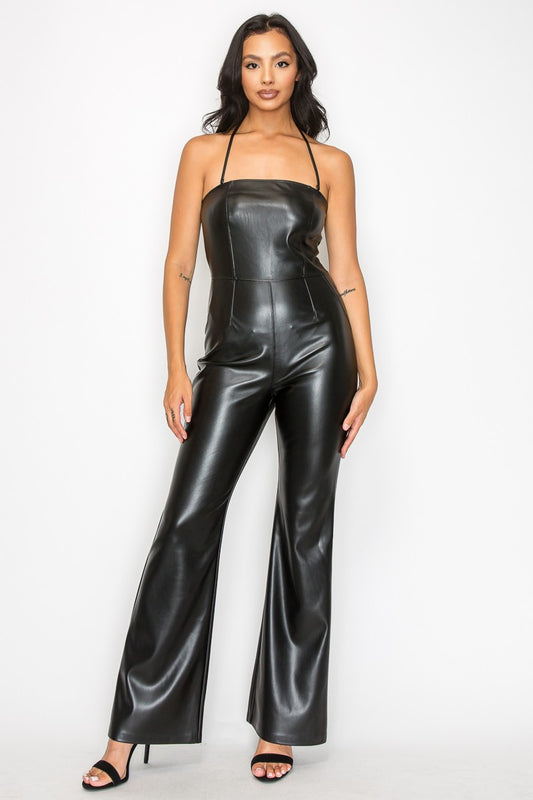 Faux Leather Wide Leg Tube Jumpsuit