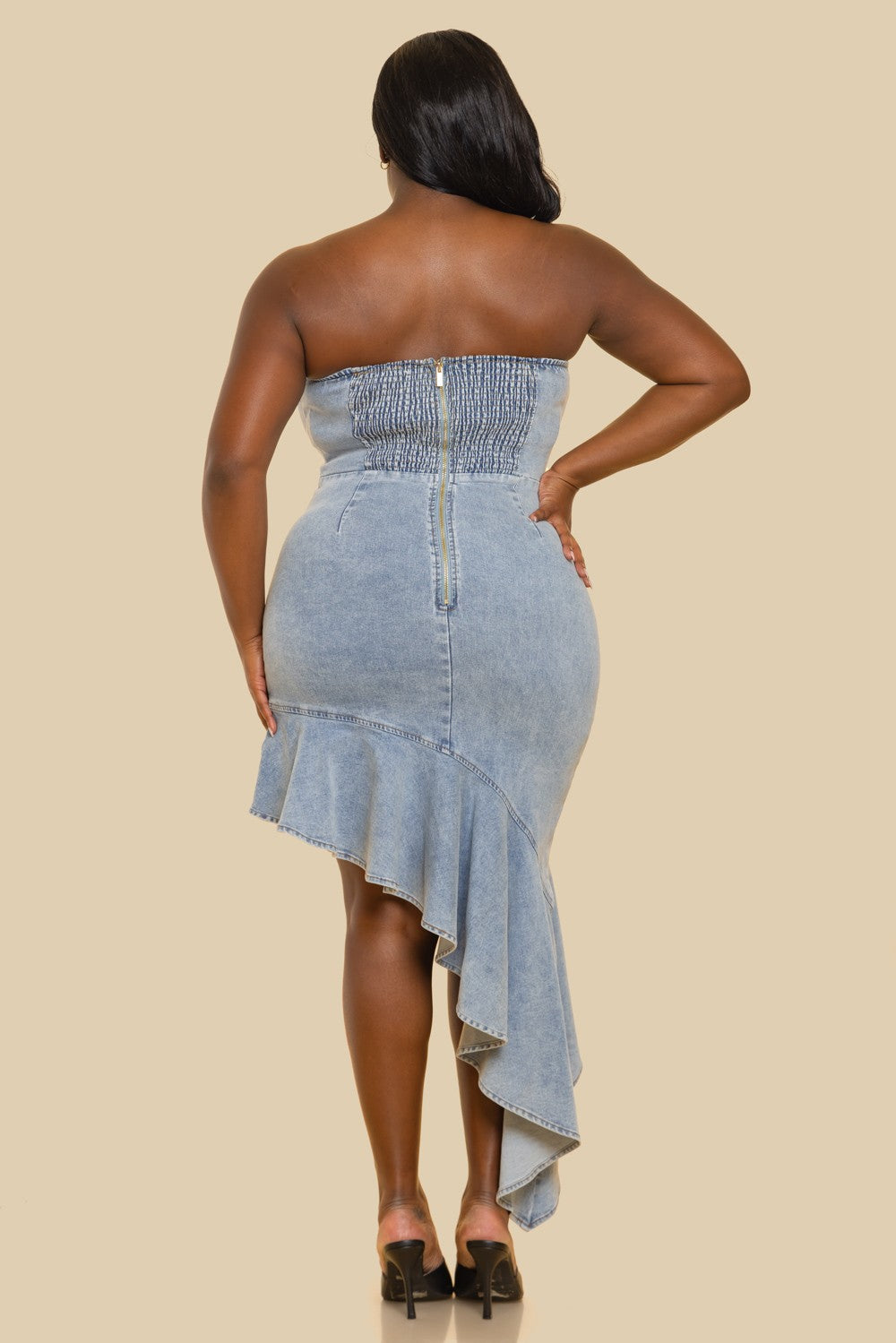 PLUS strapless denim diagonal hem dress