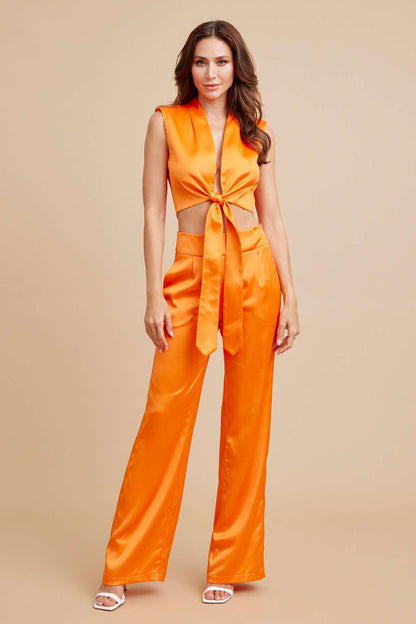 2pc set- satin tie front top & high waist pants