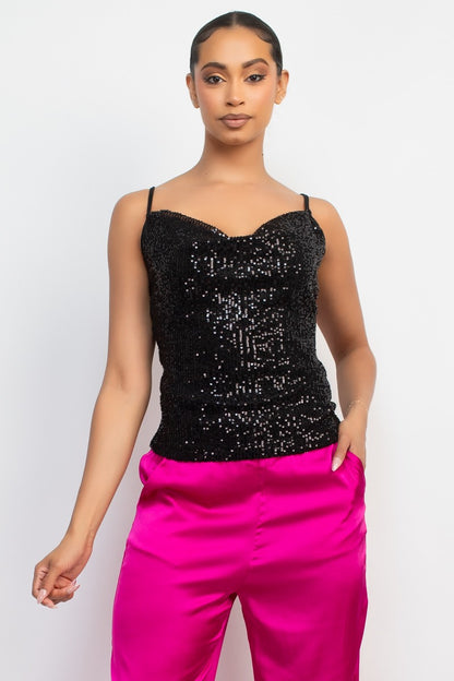 Sequin Cowl Neck Sleeveless Top