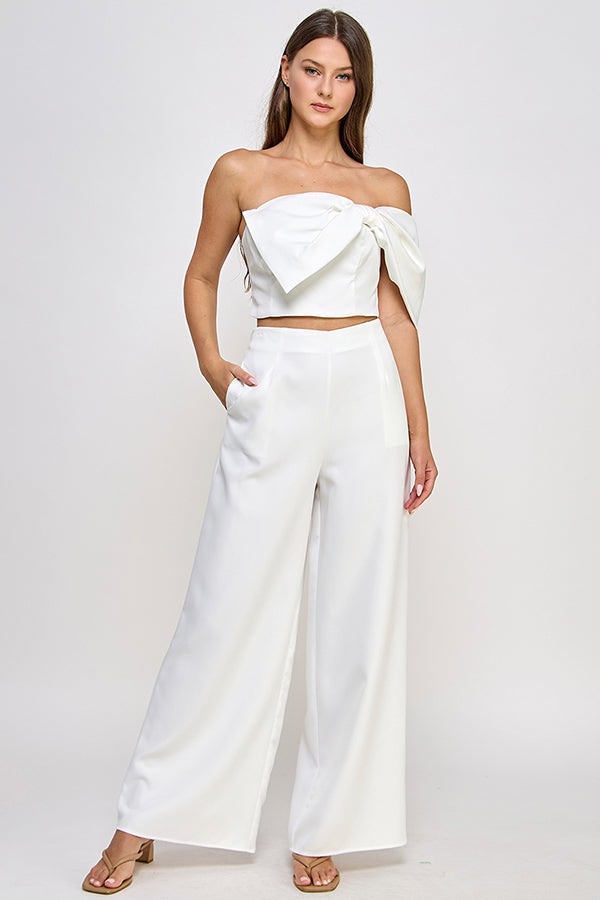 2pc set- off one shoulder bow top & wide leg pants