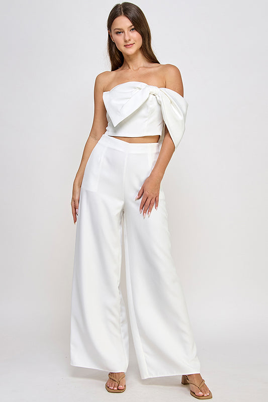 2pc set- off one shoulder bow top & wide leg pants