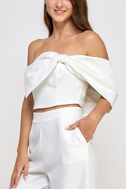 2pc set- off one shoulder bow top & wide leg pants