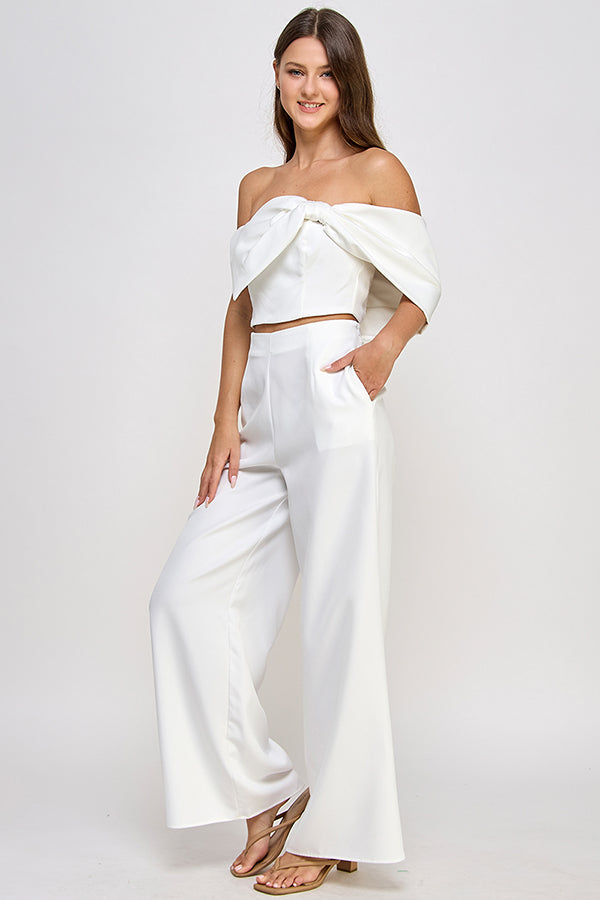 2pc set- off one shoulder bow top & wide leg pants