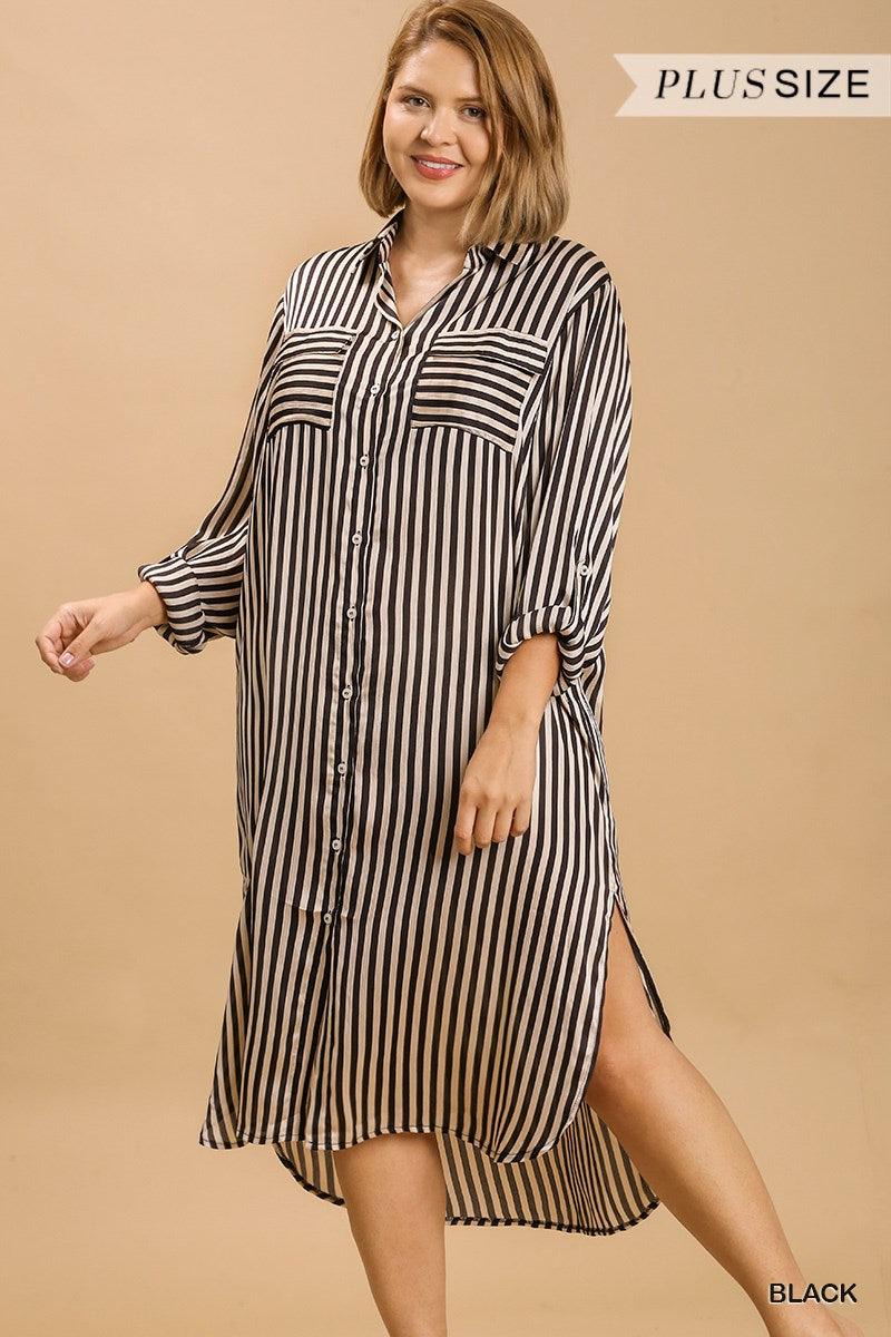 PLUS Striped Long Sleeve Button Down Midi Dress - RK Collections Boutique