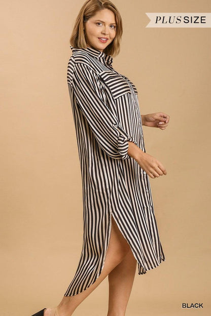 PLUS Striped Long Sleeve Button Down Midi Dress - RK Collections Boutique