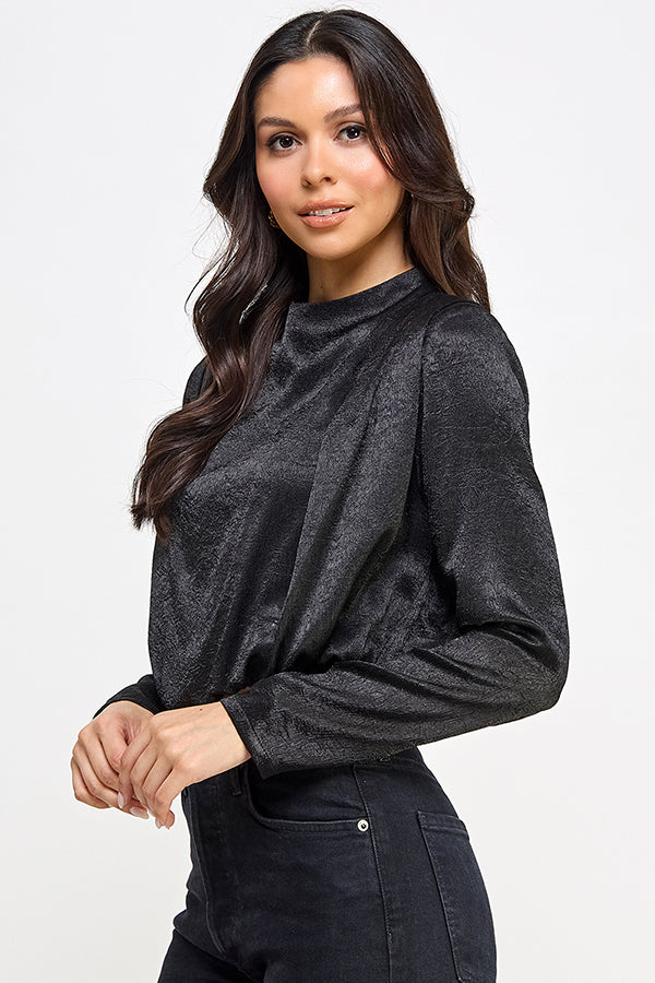 satin long sleeve mock neck bubble hem top