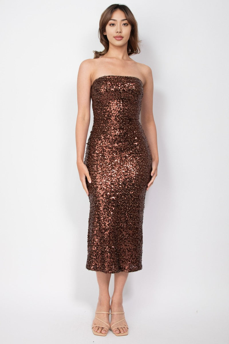 sequin strapless midi dress