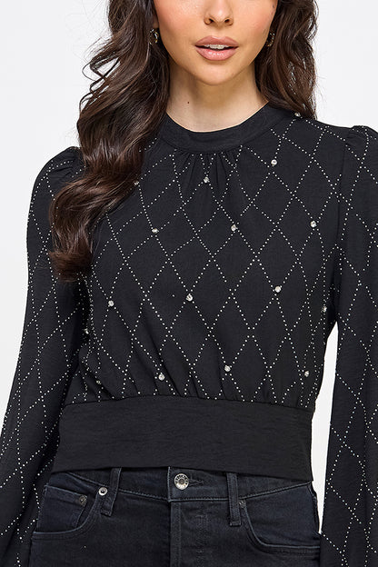 diamond pattern rhinestone studded chiffon blouse