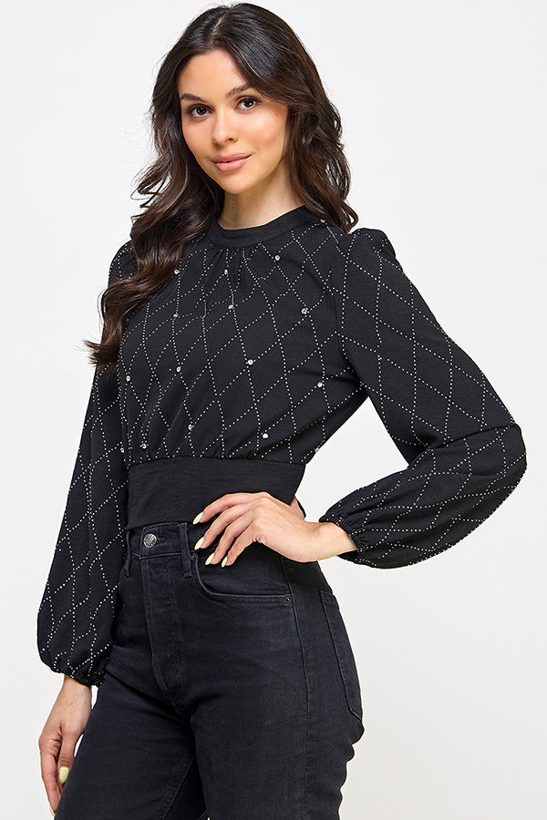 diamond pattern rhinestone studded chiffon blouse