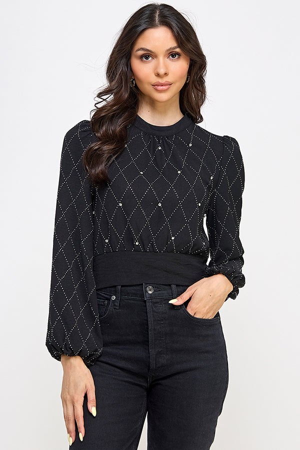 diamond pattern rhinestone studded chiffon blouse