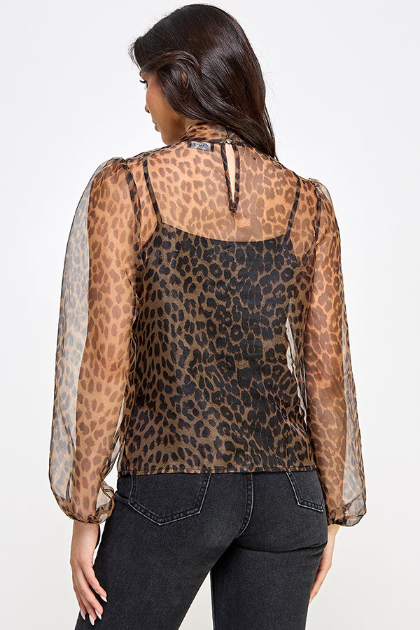 sheer leopard long sleeve blouse