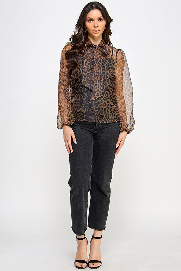 sheer leopard long sleeve blouse