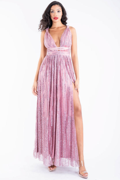 deep v neck glitter & sequin maxi dress