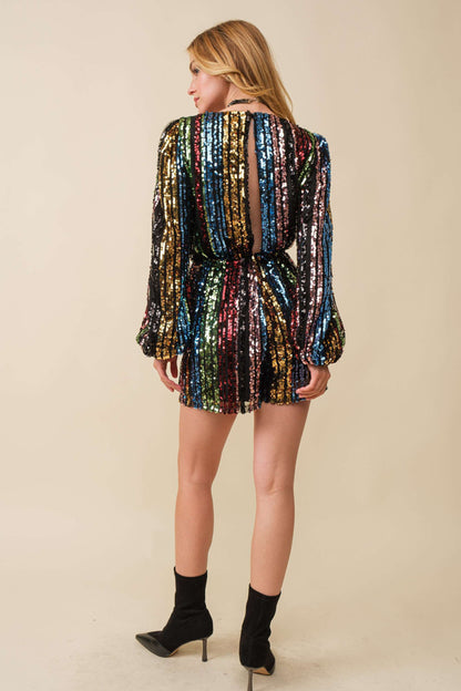 Multi Stripe Sequin Wrap Romper