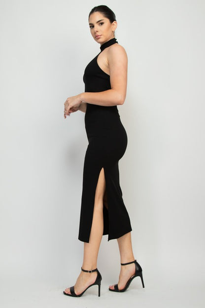 Ribbed Open-Back Halter Slit Midi Dress