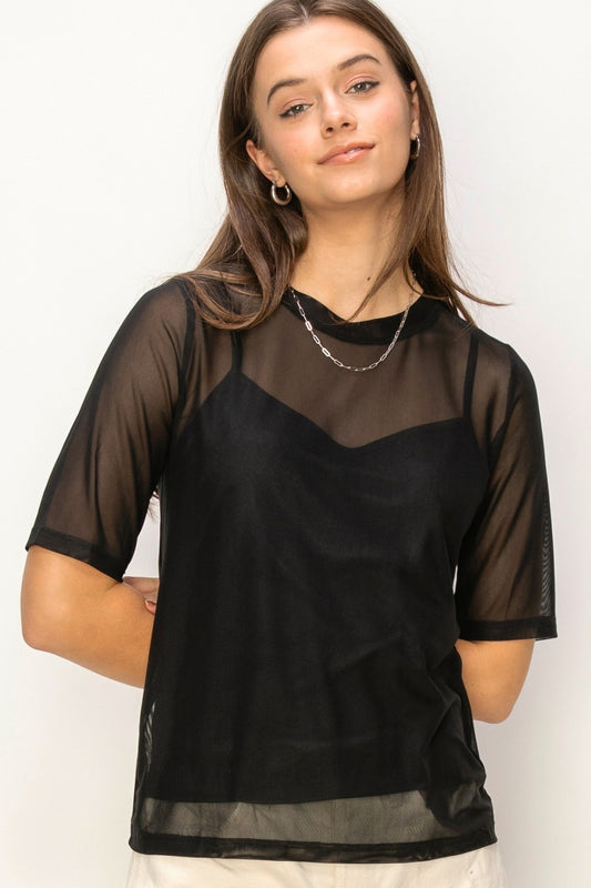 lined short sleeve mesh top