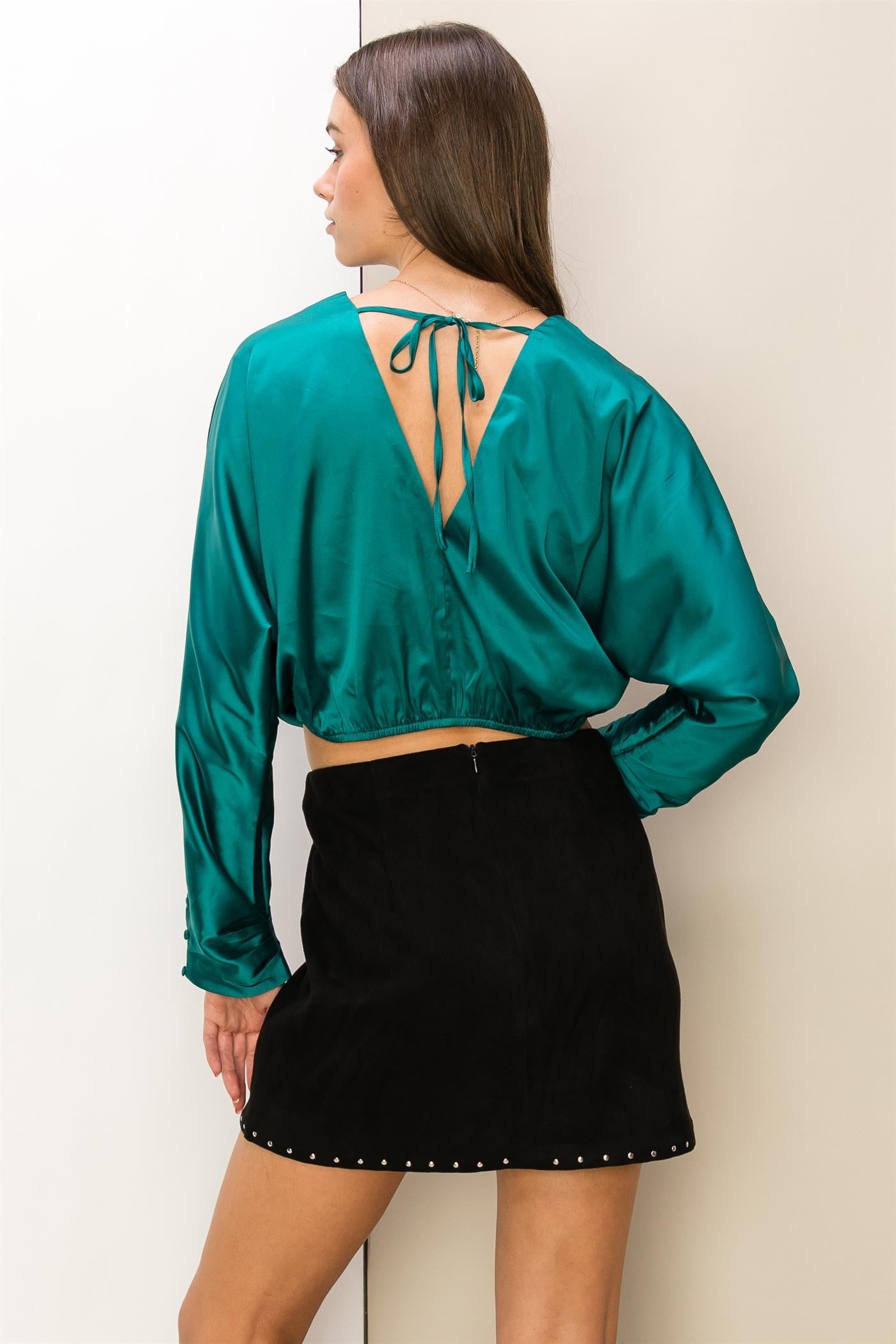 satin double v dolman crop top