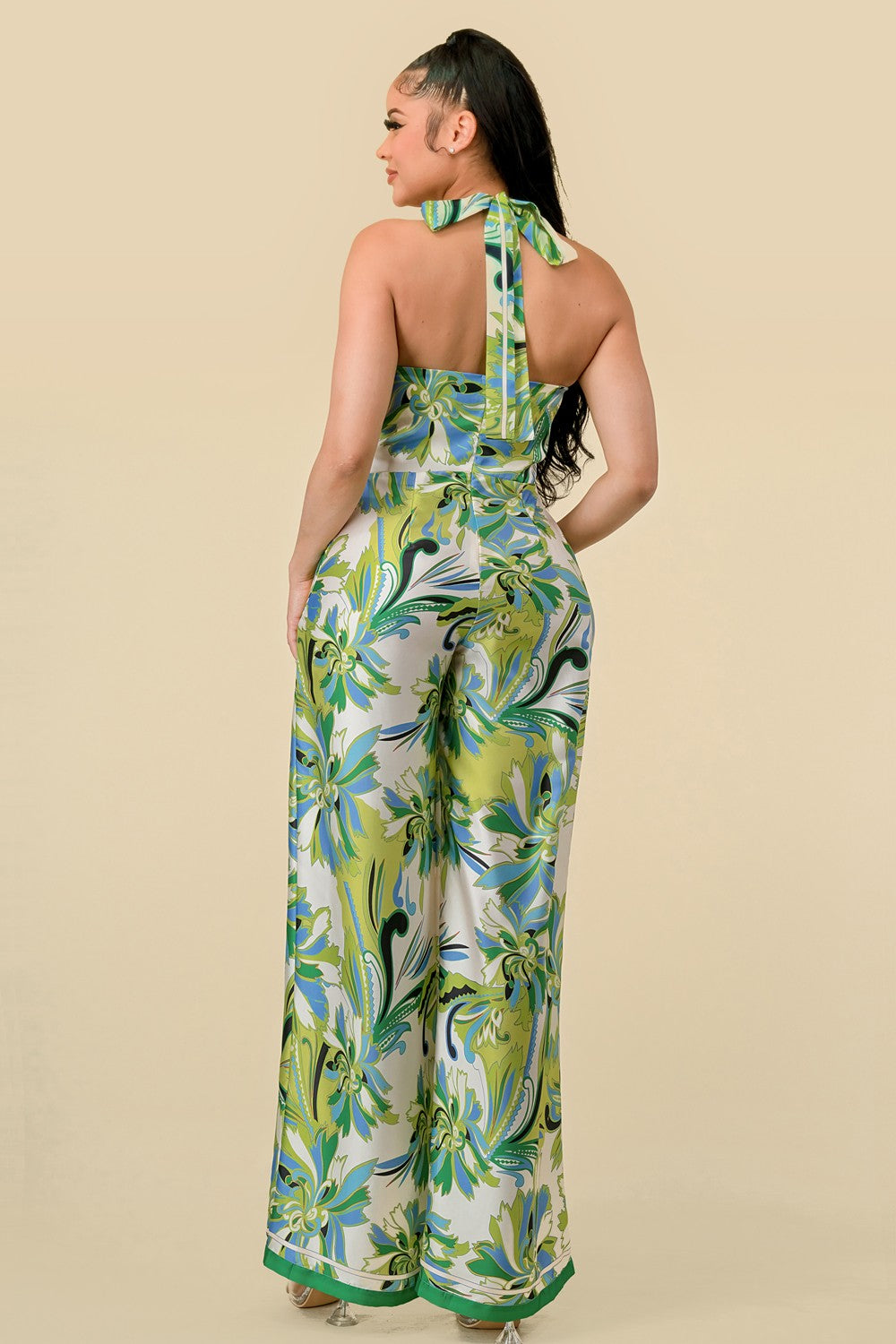 printed cutout satin halter jumpsuit