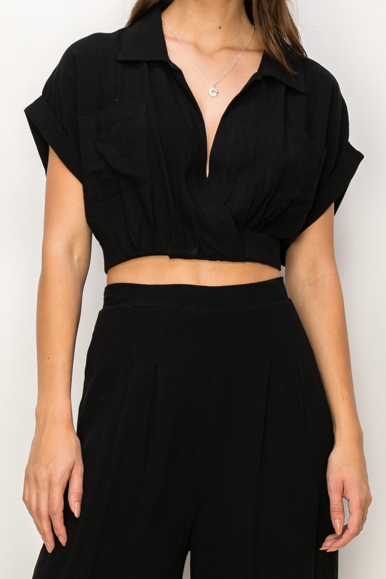 2pc set-surplice crop blouse & pleated high waist pants