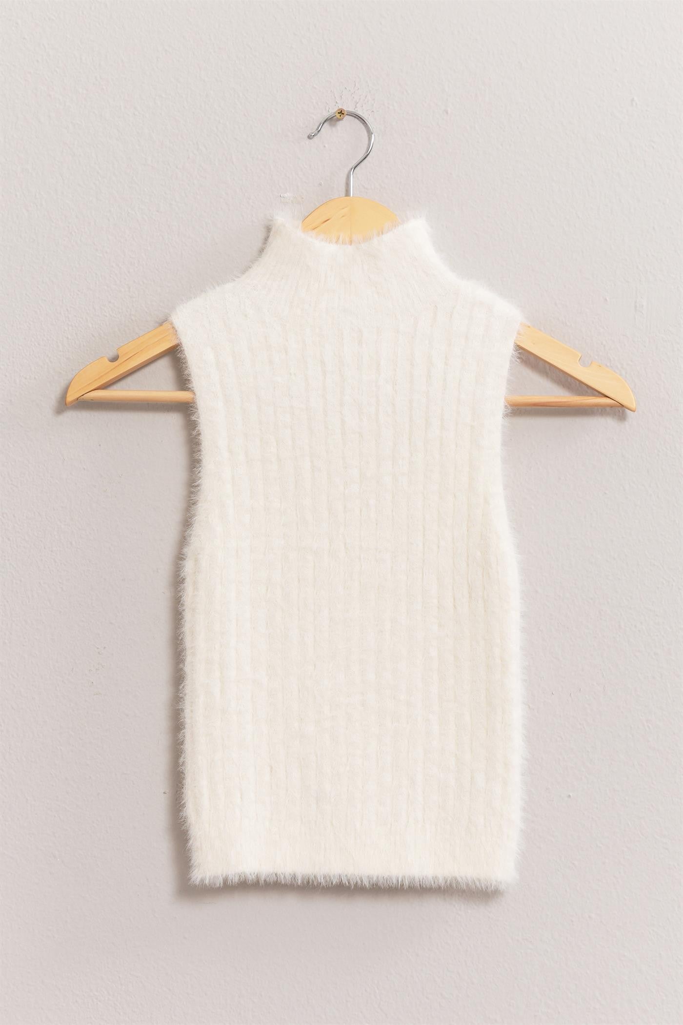 fuzzy mock neck sleeveless knit top