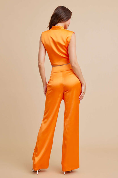 2pc set- satin tie front top & high waist pants